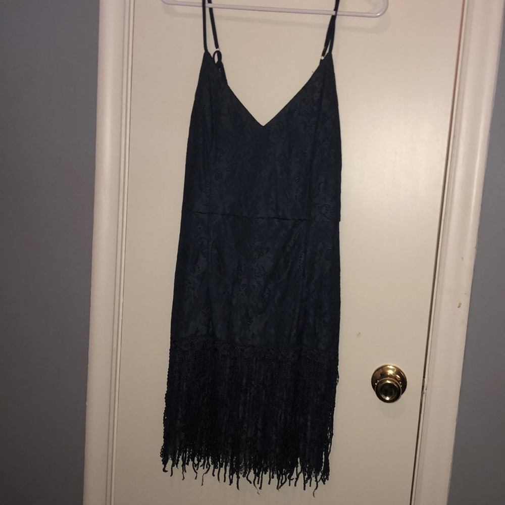 Blue Lace Mini-Dress with Fringe